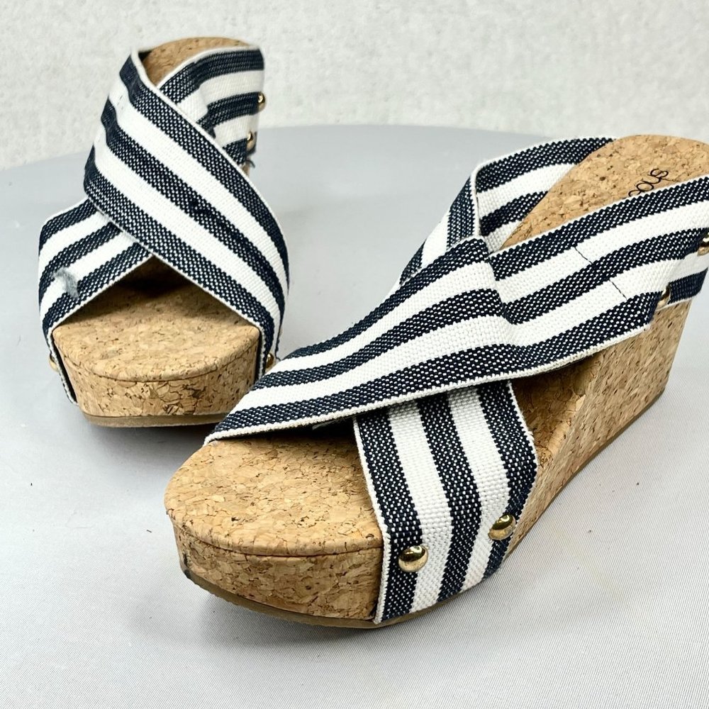 SHOEDAZZLE Womens 8 Abigail Wedge Sandals Black White Stripe Cork Platforms Cute